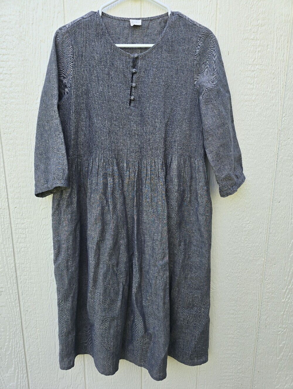 Poetry 100% Linen Dress 6 Micropleat Lagenlook Pockets Oversized Natural Navy